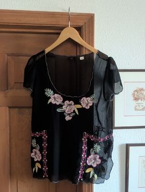 Lux Black Sheer Panel Blouse with Subtle Brown Tone